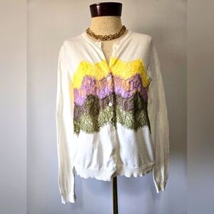 Pierre Cardin White Cardigan Sweater With Pastel Lace. Size Small
